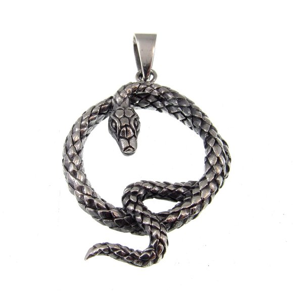 Mens Solid 925 Sterling Silver Coiled Snake Pit Viper Rattlesnake Pendant - Picture 1 of 5